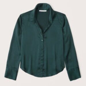 NWT Abercrombie Long-Sleeve Satin Button-Up Shirt Dark Green